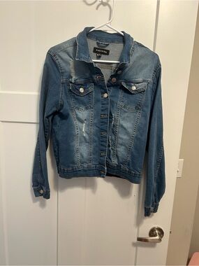 Parisian Works Medium Blue Jean Jacket with Distressed Details.  Size medium.